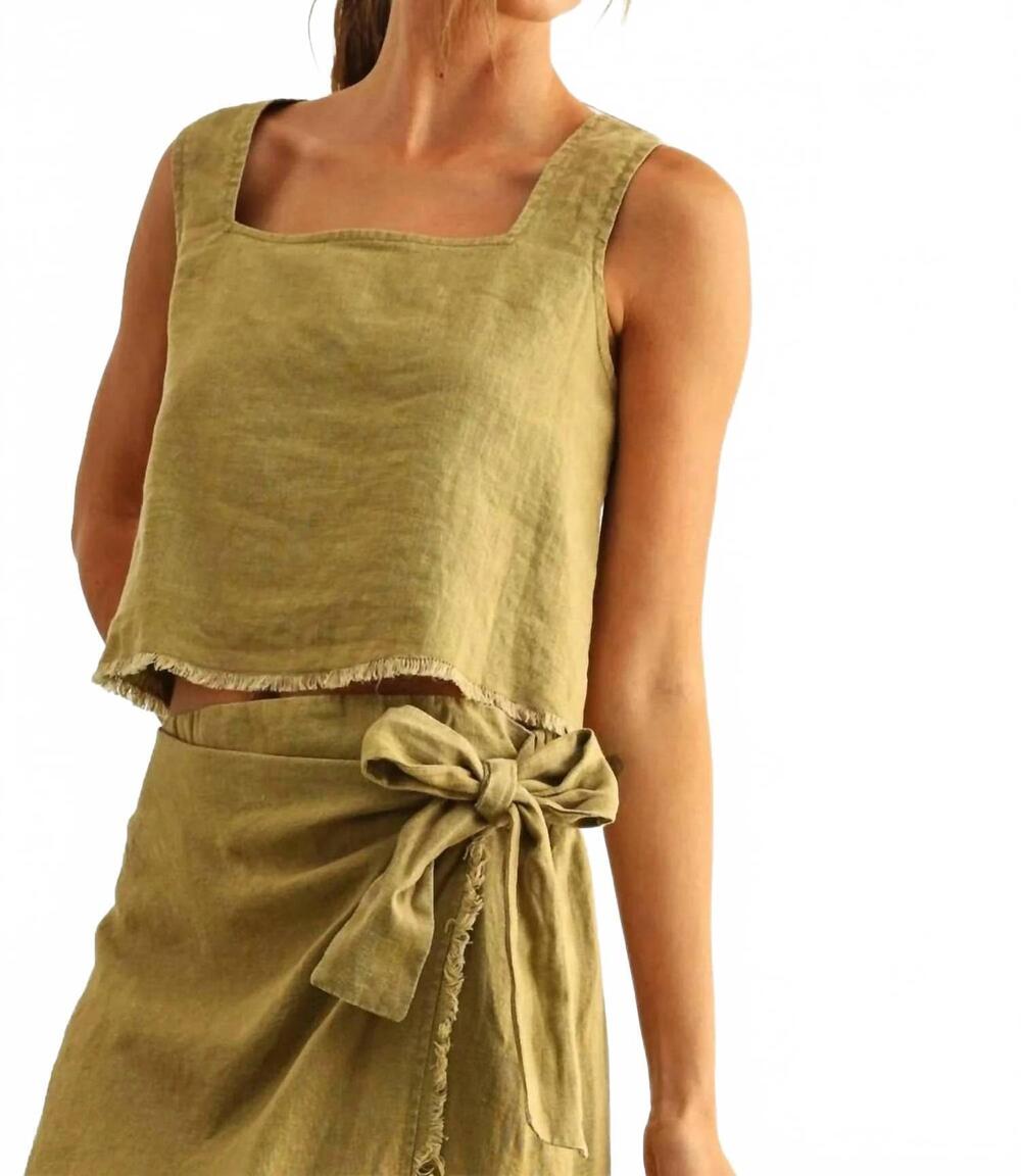 NEW DEON linen square neck tank top in khaki